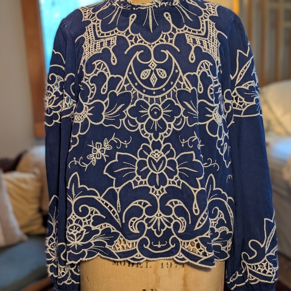Boho blue and cream embroidered long sleeve top